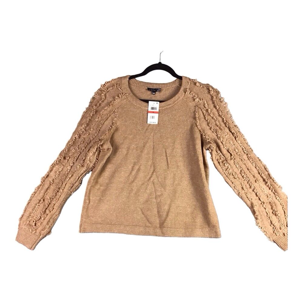 1.STATE Women’s Sweater XS Brown Crewneck Fringe Sleeve Pullover NWT
